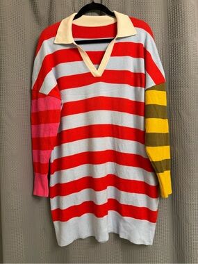 LifeShe Striped Collared Knit Oversized Sweater Dress - Red, Blue, Pink & Yellow